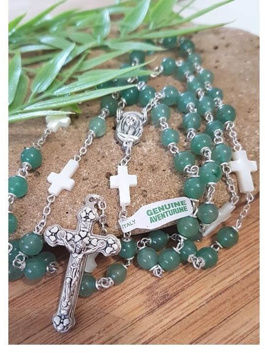 Aventurine Gemstone Rosary/Genuine Gemstone and Mother Of Pearl Rosary/Healing Aventurine Prayer Beads/Mother Of Pearl Cross/Italian Beads
