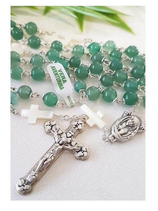 Aventurine Gemstone Rosary/Genuine Gemstone and Mother Of Pearl Rosary/Healing Aventurine Prayer Beads/Mother Of Pearl Cross/Italian Beads