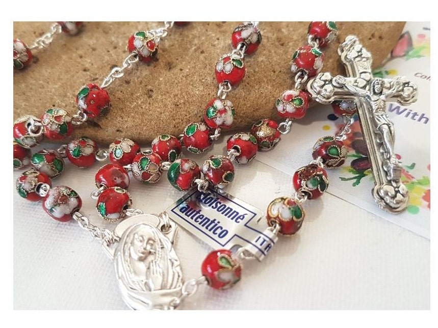 Genuine Red Cloisonne Rosary/8mm Italian Glass Cloisonne Rosary/Big Beads Red Rosary/Italian Parts Rosary/Strong Red Catholic Prayer Beads