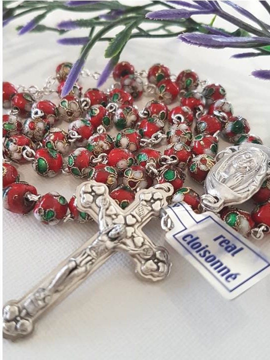Genuine Red Cloisonne Rosary/8mm Italian Glass Cloisonne Rosary/Big Beads Red Rosary/Italian Parts Rosary/Strong Red Catholic Prayer Beads