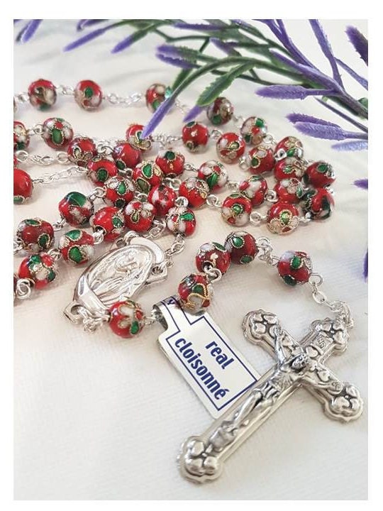 Genuine Red Cloisonne Rosary/8mm Italian Glass Cloisonne Rosary/Big Beads Red Rosary/Italian Parts Rosary/Strong Red Catholic Prayer Beads