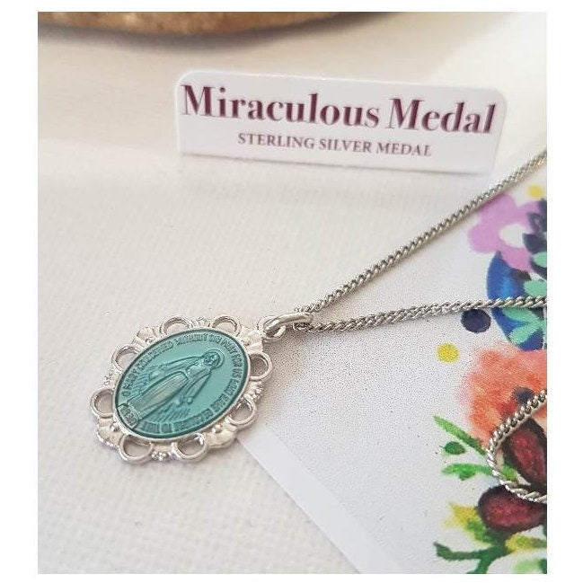 Blue Miraculous Medal Necklace,Sterling Silver Virgin Mary Pendant with Blue Epoxy,Blue Our Lady In Grace Pendant for Ladies,Gifts For Her