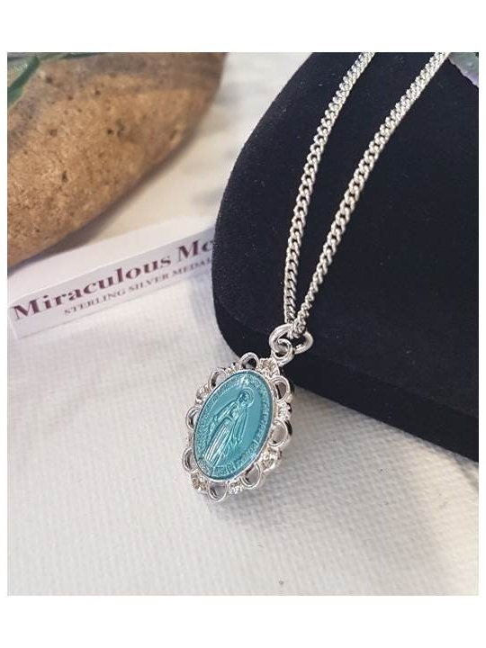 Blue Miraculous Medal Necklace,Sterling Silver Virgin Mary Pendant with Blue Epoxy,Blue Our Lady In Grace Pendant for Ladies,Gifts For Her