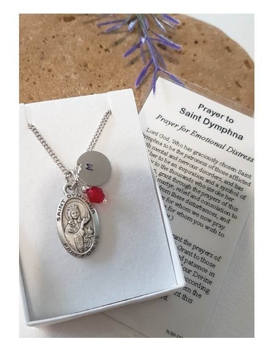 St Dymphna Necklace Personalised/Patron Saint For Depression/Saint Dymphna Healing Saint For Anxiety/Saint Medal Prayer Card & Birthstone