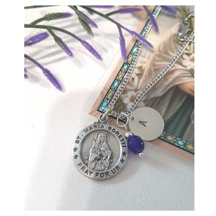 St Maria Goretti/Catholic Saints Necklace for Communion and Confirmation Girls/Personalized St Maria Goretti Pewter Pendant with Prayer Card