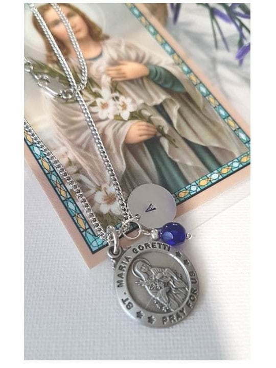 St Maria Goretti/Catholic Saints Necklace for Communion and Confirmation Girls/Personalized St Maria Goretti Pewter Pendant with Prayer Card