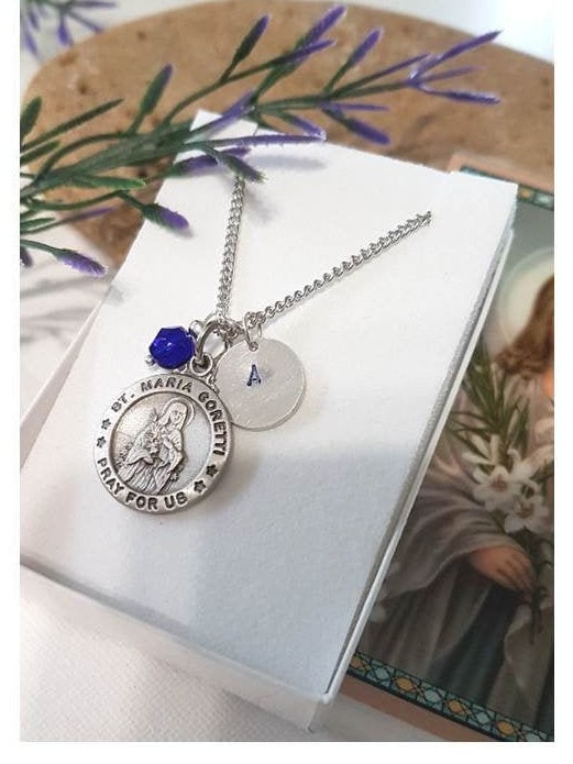 St Maria Goretti/Catholic Saints Necklace for Communion and Confirmation Girls/Personalized St Maria Goretti Pewter Pendant with Prayer Card