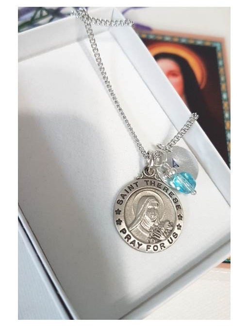 St Therese Necklace with Card/Personalised Saint Theresa of Lisieux Pendant/Catholic Saint Birthstone Medal/Confirmation and Communion Gifts