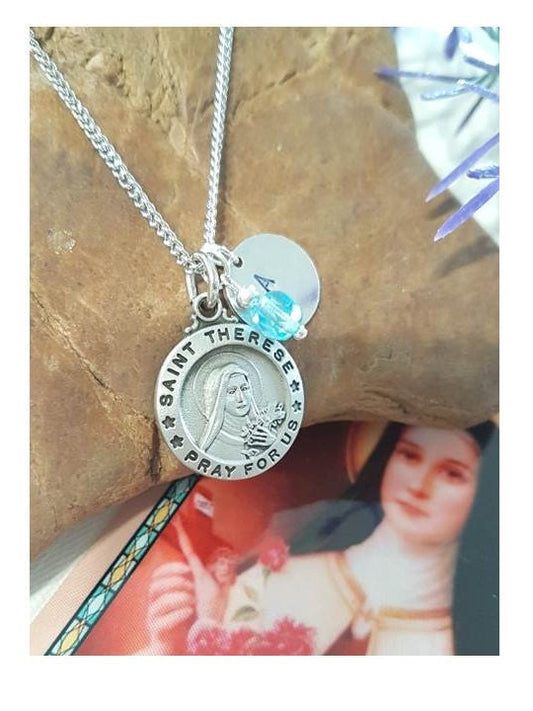 St Therese Necklace with Card/Personalised Saint Theresa of Lisieux Pendant/Catholic Saint Birthstone Medal/Confirmation and Communion Gifts