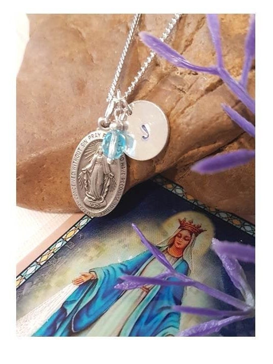Miraculous Medal Pewter Necklace,Catholic Pendant with Birthstone Charm and Personalized Initial,Our Lady Of Grace Catholic Medal