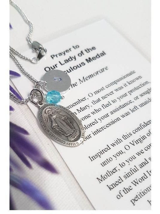 Miraculous Medal Pewter Necklace,Catholic Pendant with Birthstone Charm and Personalized Initial,Our Lady Of Grace Catholic Medal