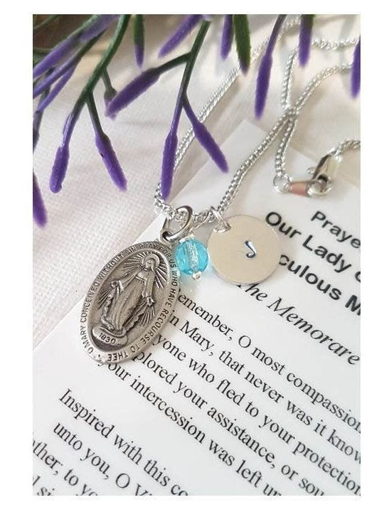 Miraculous Medal Pewter Necklace,Catholic Pendant with Birthstone Charm and Personalized Initial,Our Lady Of Grace Catholic Medal