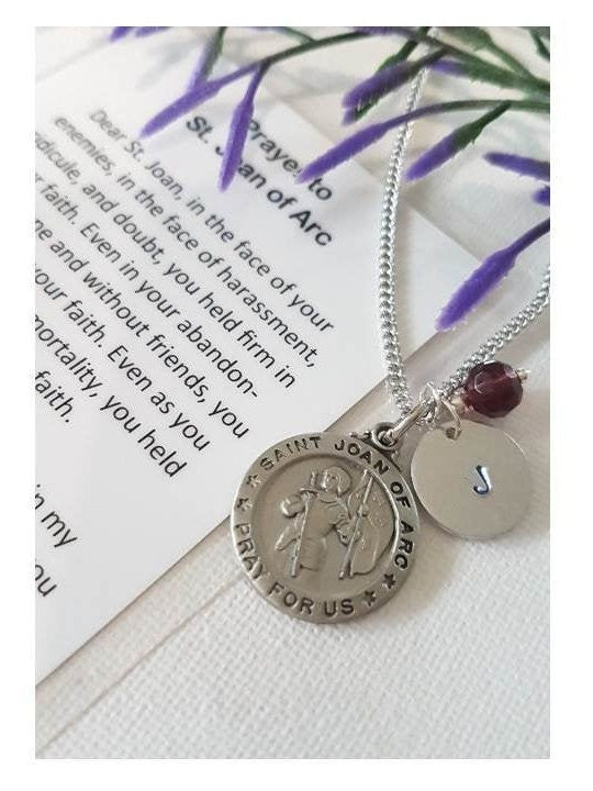 Prayer To St Joan Of Arc/St Joan Of Arc Pewter Necklace/Female Patron Saint Pendant/Personalised Medal with Birthstone & Initial Charm