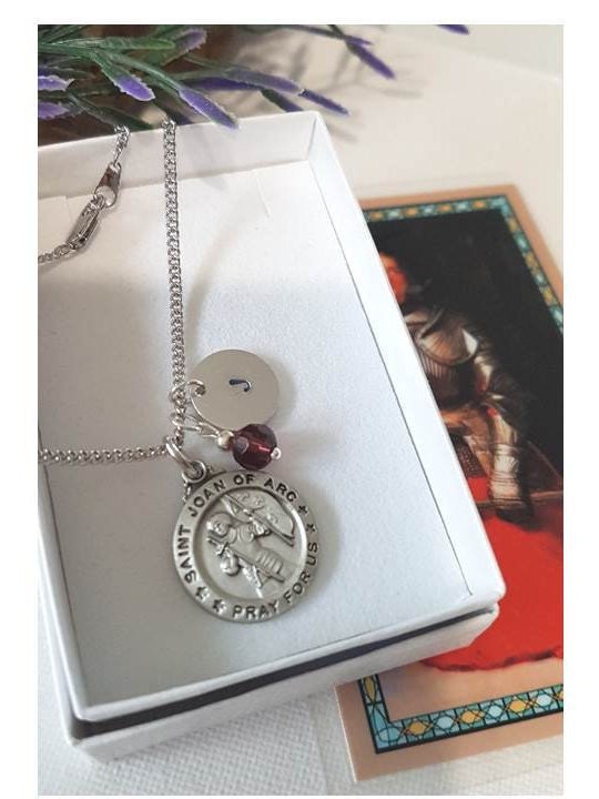 Prayer To St Joan Of Arc/St Joan Of Arc Pewter Necklace/Female Patron Saint Pendant/Personalised Medal with Birthstone & Initial Charm
