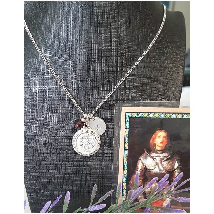 Prayer To St Joan Of Arc/St Joan Of Arc Pewter Necklace/Female Patron Saint Pendant/Personalised Medal with Birthstone & Initial Charm