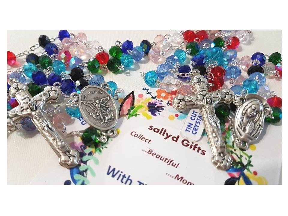Multi Color Crystal Rosary, Praying Madonna Catholic Prayer Beads, Colourful Heavy Rosary for Adults, St Michael Ladies Rosary, Long Rosary