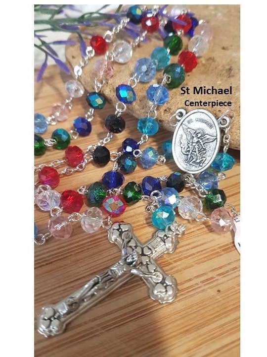 Multi Color Crystal Rosary, Praying Madonna Catholic Prayer Beads, Colourful Heavy Rosary for Adults, St Michael Ladies Rosary, Long Rosary