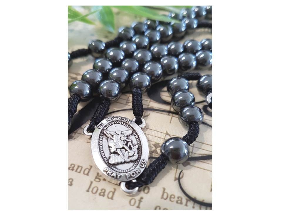 St Michael Big Hematite Rosary/Hematite Rosary with Black Cord/Saint Michael Heavy Rosary for Adults/Mens Religious Gift/Heavy and Big Beads
