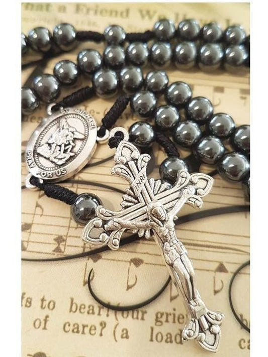 St Michael Big Hematite Rosary/Hematite Rosary with Black Cord/Saint Michael Heavy Rosary for Adults/Mens Religious Gift/Heavy and Big Beads