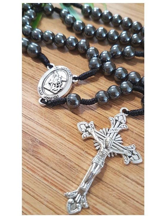 St Michael Big Hematite Rosary/Hematite Rosary with Black Cord/Saint Michael Heavy Rosary for Adults/Mens Religious Gift/Heavy and Big Beads