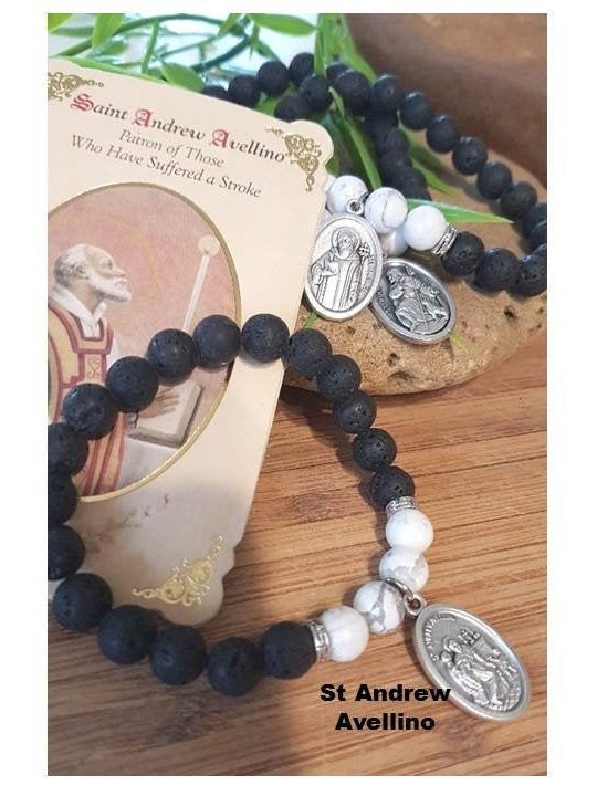 Healing Patron Saint Stone Bracelet,Lava Beads and Howlite Diffuser Men Bracelet, Choose your Saint,St Roch,St Gerard,St Benedict,St Andrew