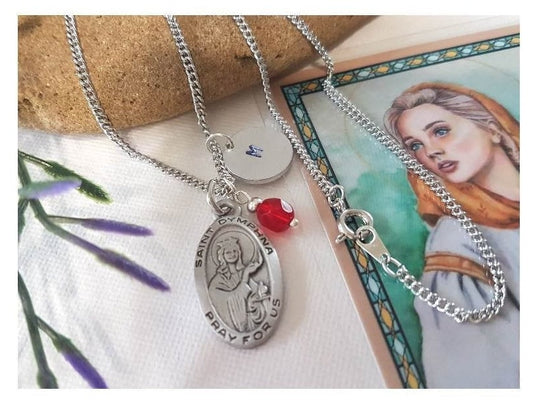 St Dymphna Necklace Personalised/Patron Saint For Depression/Saint Dymphna Healing Saint For Anxiety/Saint Medal Prayer Card & Birthstone