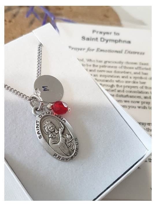 St Dymphna Necklace Personalised/Patron Saint For Depression/Saint Dymphna Healing Saint For Anxiety/Saint Medal Prayer Card & Birthstone