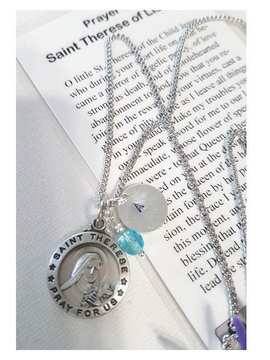 St Therese Necklace with Card/Personalised Saint Theresa of Lisieux Pendant/Catholic Saint Birthstone Medal/Confirmation and Communion Gifts