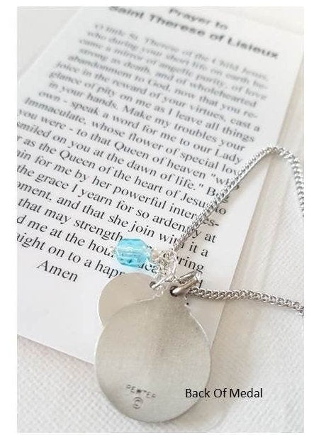 St Therese Necklace with Card/Personalised Saint Theresa of Lisieux Pendant/Catholic Saint Birthstone Medal/Confirmation and Communion Gifts