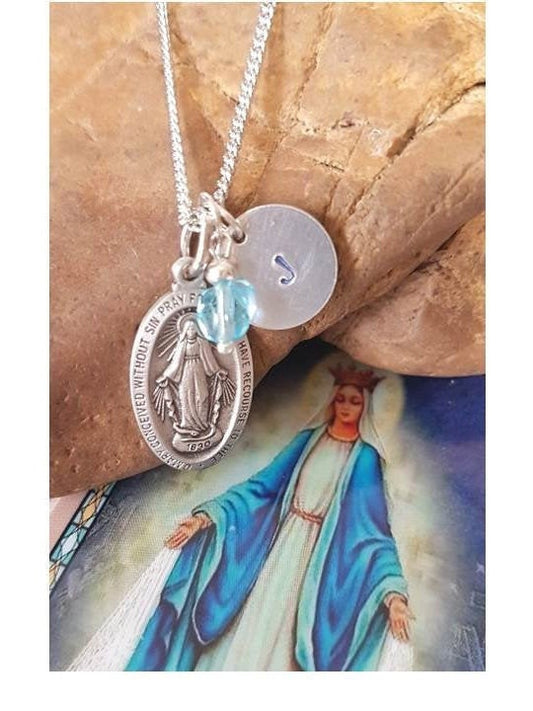 Miraculous Medal Pewter Necklace,Catholic Pendant with Birthstone Charm and Personalized Initial,Our Lady Of Grace Catholic Medal