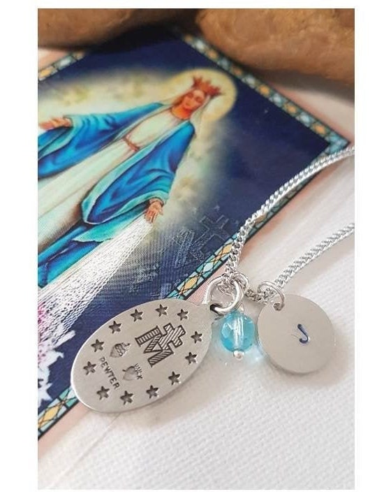 Miraculous Medal Pewter Necklace,Catholic Pendant with Birthstone Charm and Personalized Initial,Our Lady Of Grace Catholic Medal