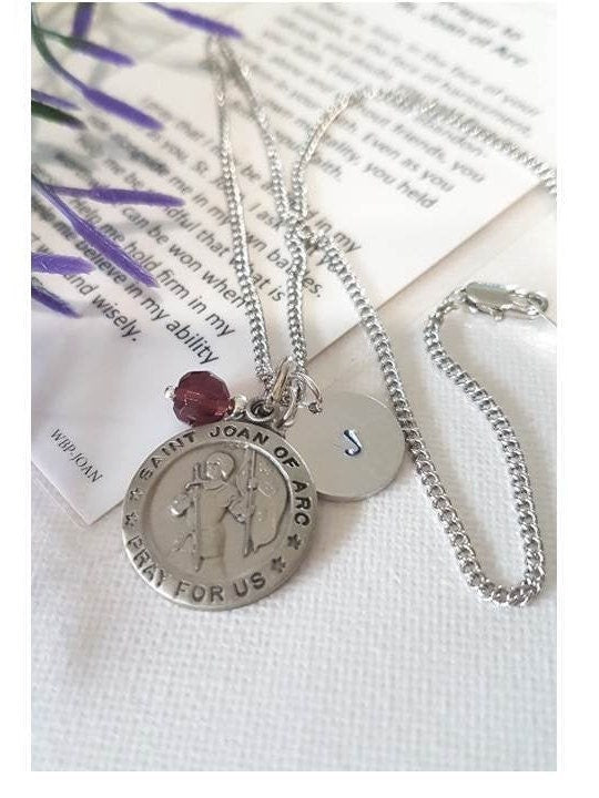Prayer To St Joan Of Arc/St Joan Of Arc Pewter Necklace/Female Patron Saint Pendant/Personalised Medal with Birthstone & Initial Charm