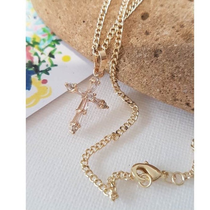 14K Gold Filled Cross Pendant for Girls, Gold Filled CZ Cross Necklace, Petite Cross Medal, Gifts for Her, First Communion and Confirmation