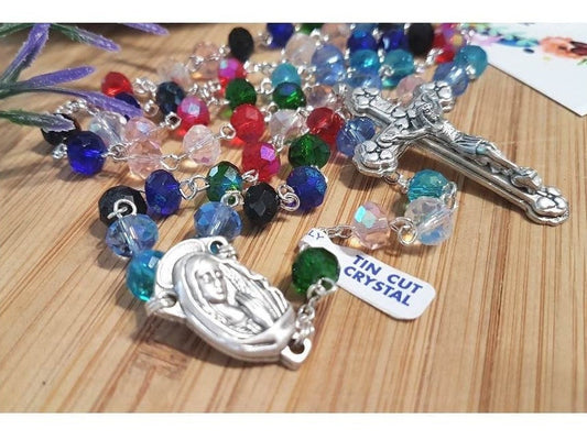 Multi Color Crystal Rosary, Praying Madonna Catholic Prayer Beads, Colourful Heavy Rosary for Adults, St Michael Ladies Rosary, Long Rosary