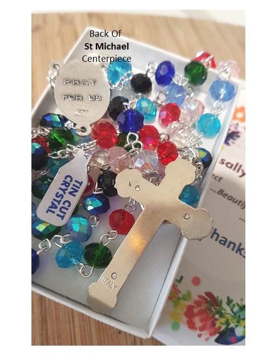 Multi Color Crystal Rosary, Praying Madonna Catholic Prayer Beads, Colourful Heavy Rosary for Adults, St Michael Ladies Rosary, Long Rosary