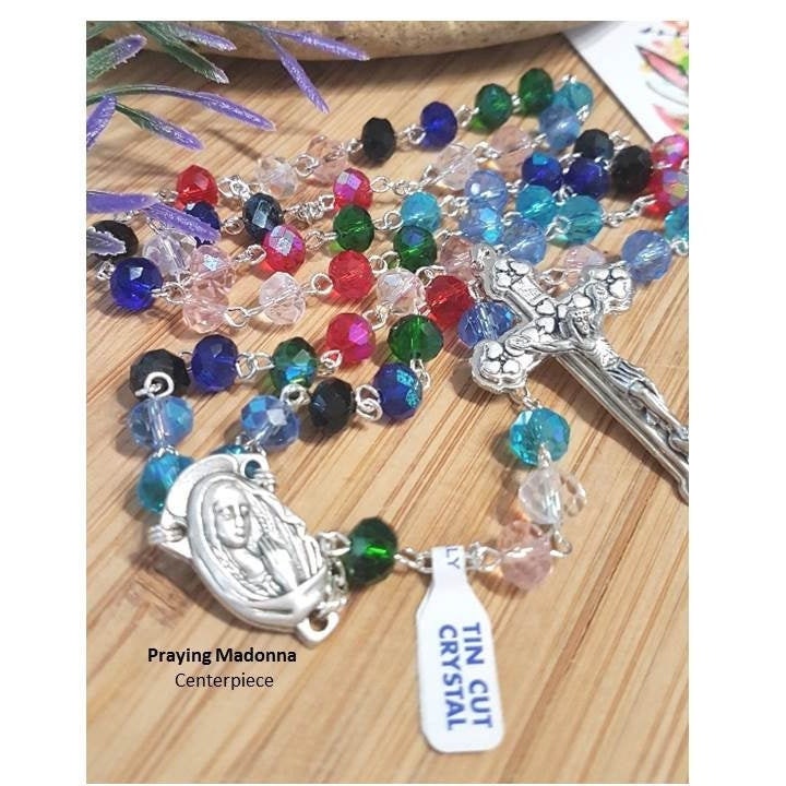 Multi Color Crystal Rosary, Praying Madonna Catholic Prayer Beads, Colourful Heavy Rosary for Adults, St Michael Ladies Rosary, Long Rosary