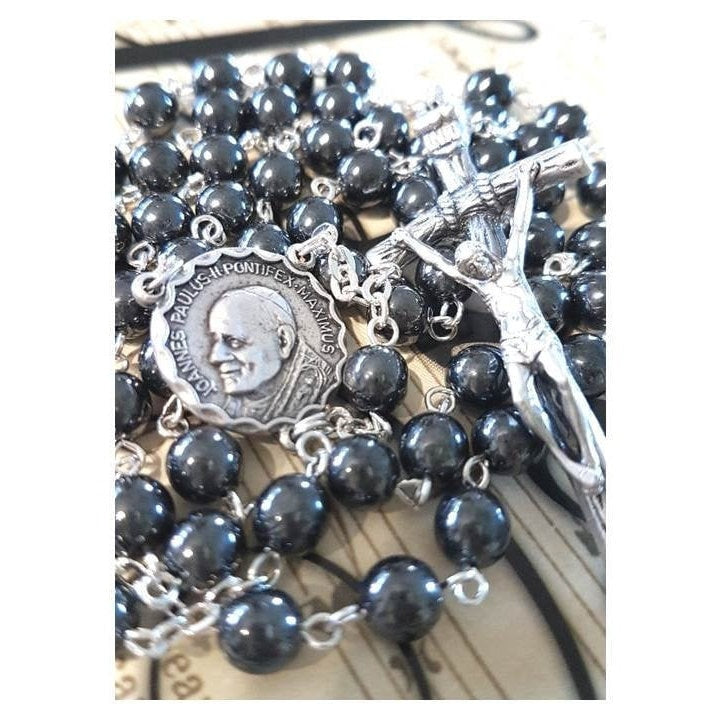 Pope Saint John Paul 11 Rosary,Papal Crucifix,Hematite Papal Rosary with Holy Spirit Centerpiece,Boys Confirmation Rosary,Double sided medal