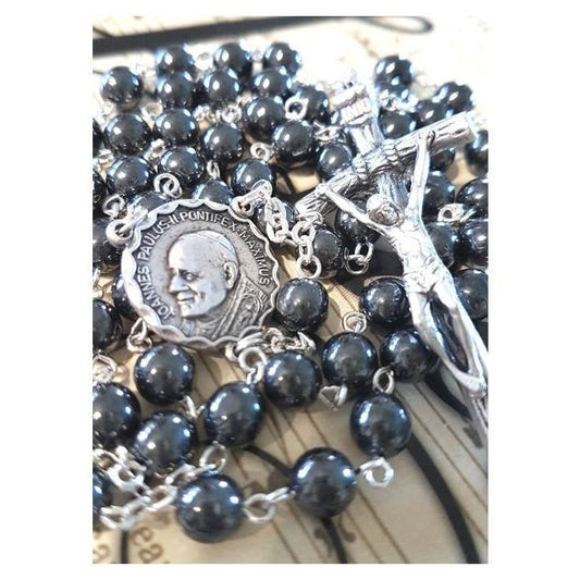 Pope Saint John Paul 11 Rosary,Papal Crucifix,Hematite Papal Rosary with Holy Spirit Centerpiece,Boys Confirmation Rosary,Double sided medal
