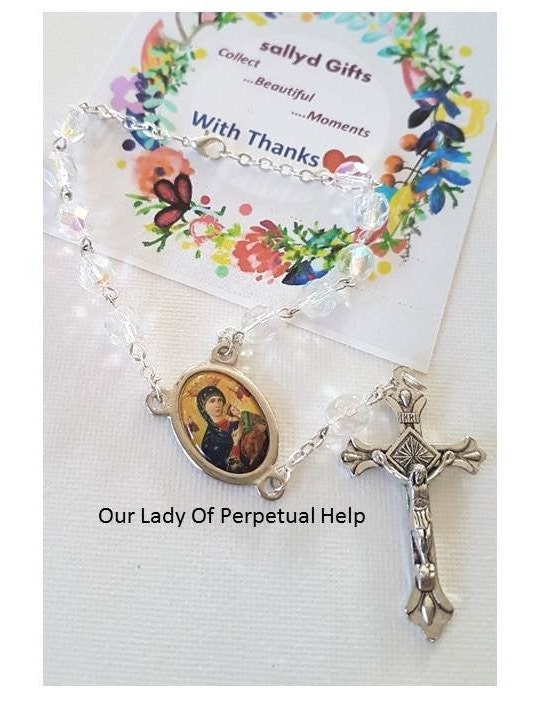Blessed Virgin Mary Car Rosary,Our Lady Of Perpetual Help One Decade Rosary,Protection for Car and Driver, Crystal Rosary,Virgin Mary Medal