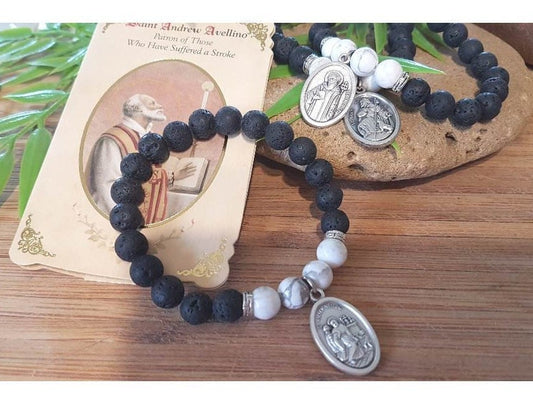 Healing Patron Saint Stone Bracelet,Lava Beads and Howlite Diffuser Men Bracelet, Choose your Saint,St Roch,St Gerard,St Benedict,St Andrew