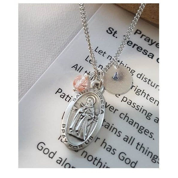 St Teresa of Avila Necklace with Prayer Card/Personalised Saint Pendant,Catholic Saint Birthstone Medal,Confirmation and Communion Gifts