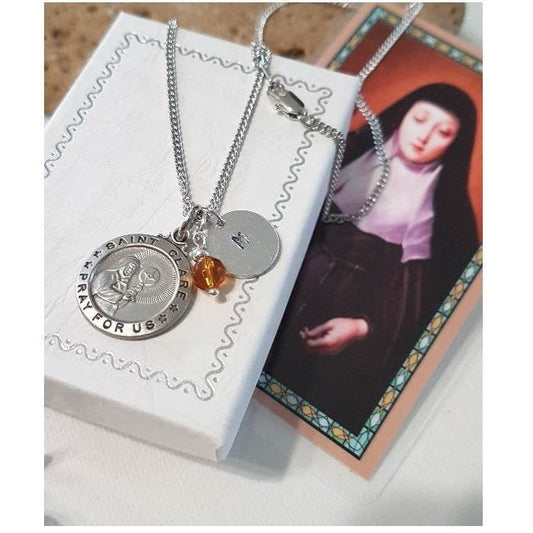 St Clare Of Assisi Pewter Necklace,Patron Saint Personalised medal Birthstone, Initial Charm Pendant, Patron for Sore Eyes,Saint for Media