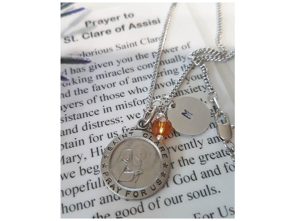 St Clare Of Assisi Pewter Necklace,Patron Saint Personalised medal Birthstone, Initial Charm Pendant, Patron for Sore Eyes,Saint for Media