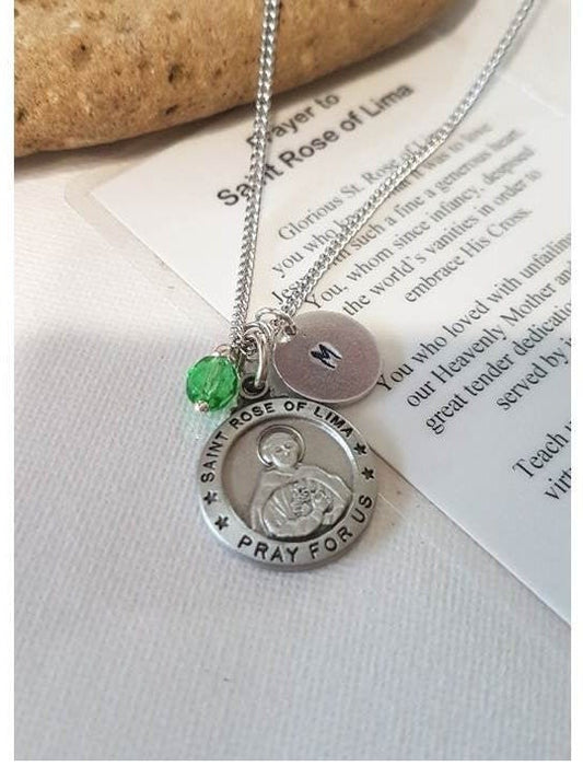Saint Rose of Lima Medal, Personalised St Rose Medal, Birthstone and Initial Charm, Patron Saint for Gardeners and Florist,Saint for Tailors