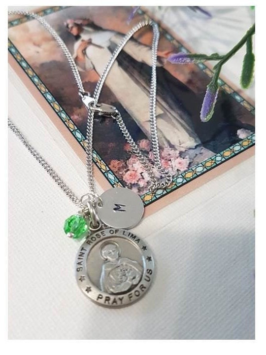 Saint Rose of Lima Medal, Personalised St Rose Medal, Birthstone and Initial Charm, Patron Saint for Gardeners and Florist,Saint for Tailors