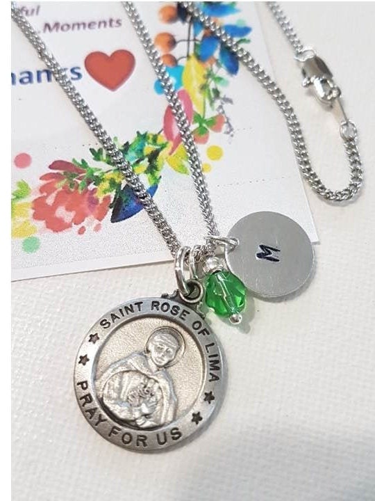 Saint Rose of Lima Medal, Personalised St Rose Medal, Birthstone and Initial Charm, Patron Saint for Gardeners and Florist,Saint for Tailors