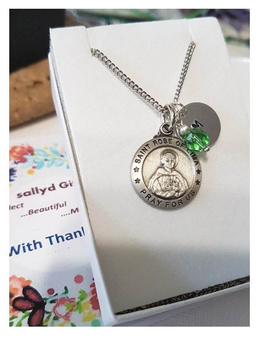 Saint Rose of Lima Medal, Personalised St Rose Medal, Birthstone and Initial Charm, Patron Saint for Gardeners and Florist,Saint for Tailors