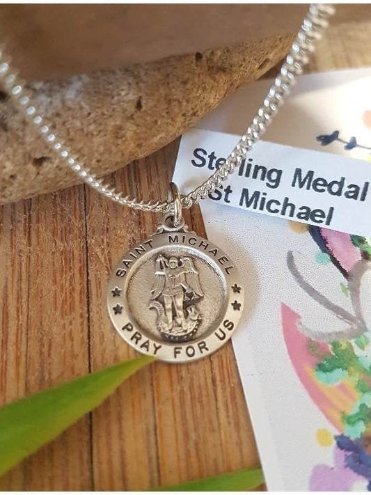 St Michael Sterling Silver Necklace,Sterling St Michael Pray For Us Medal, First Communion gifts for Boys and Girls,Confirmation Gift
