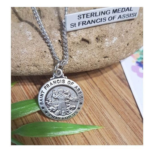 St Francis Sterling Medal,Saint Francis Patron of Ecology and Animals,Sterling Silver Catholic Medals, Confirmation Gifts for Boys,