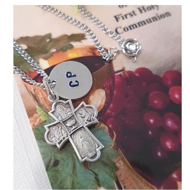 First Communion Cross Necklace,Personalised Chalice Cross Medal,First communion Gifts for Boys and Girls,Cross With Chalice,Hand Stamped